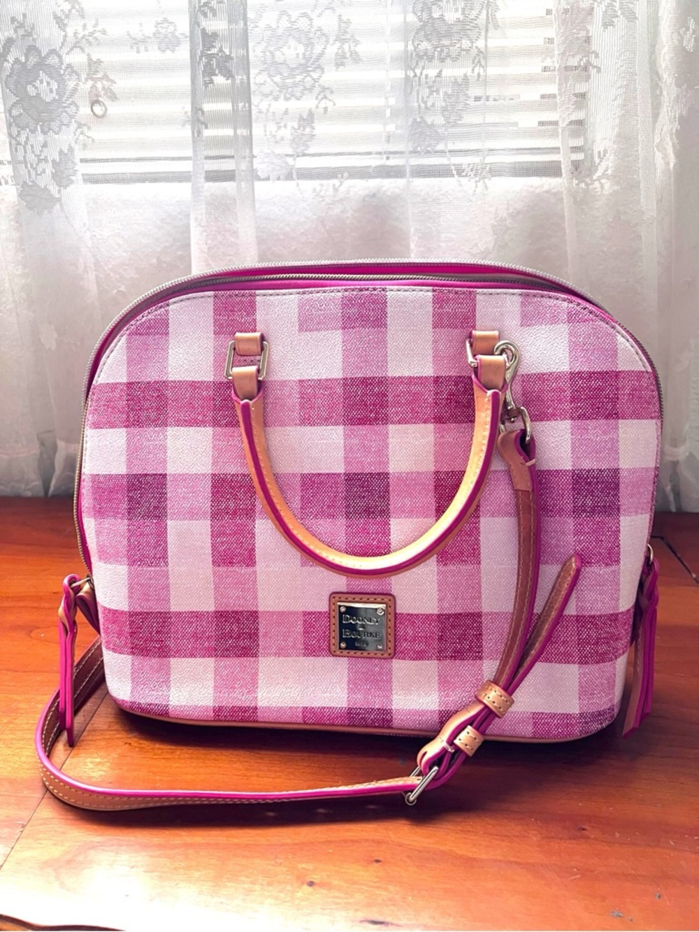 Dooney & Bourke Pink Gingham Dome Satchel with Leather Trim